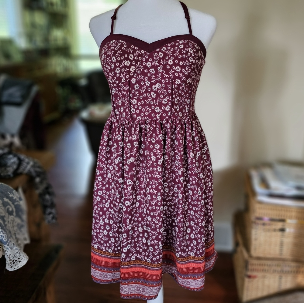 Xhilaration Burgundy Floral Padded Bust Dress Size S